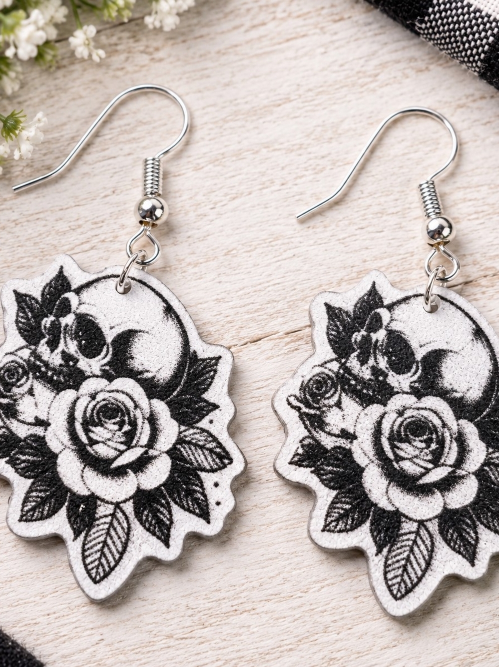 Black & White Skull Rose Drop Earrings